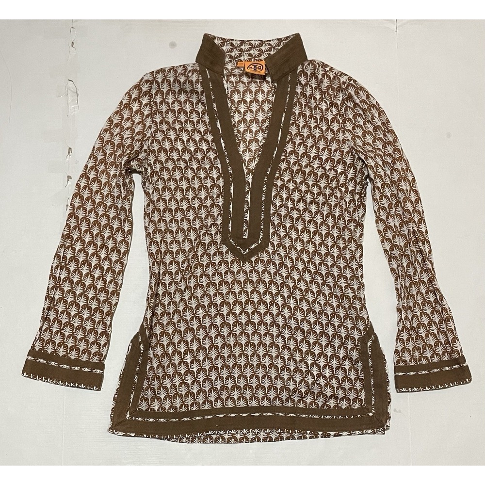 Tory Burch Women's Tan Long Sleeve Cotton Popover Blouse Tunic Cover Up Size 6